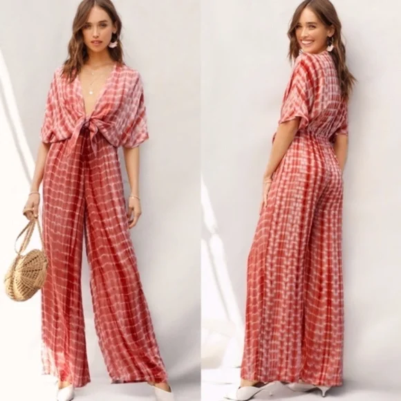 024 Bohemian Red Front tie Tie Dye wide leg Jumpsuit - Picture 6 of 7